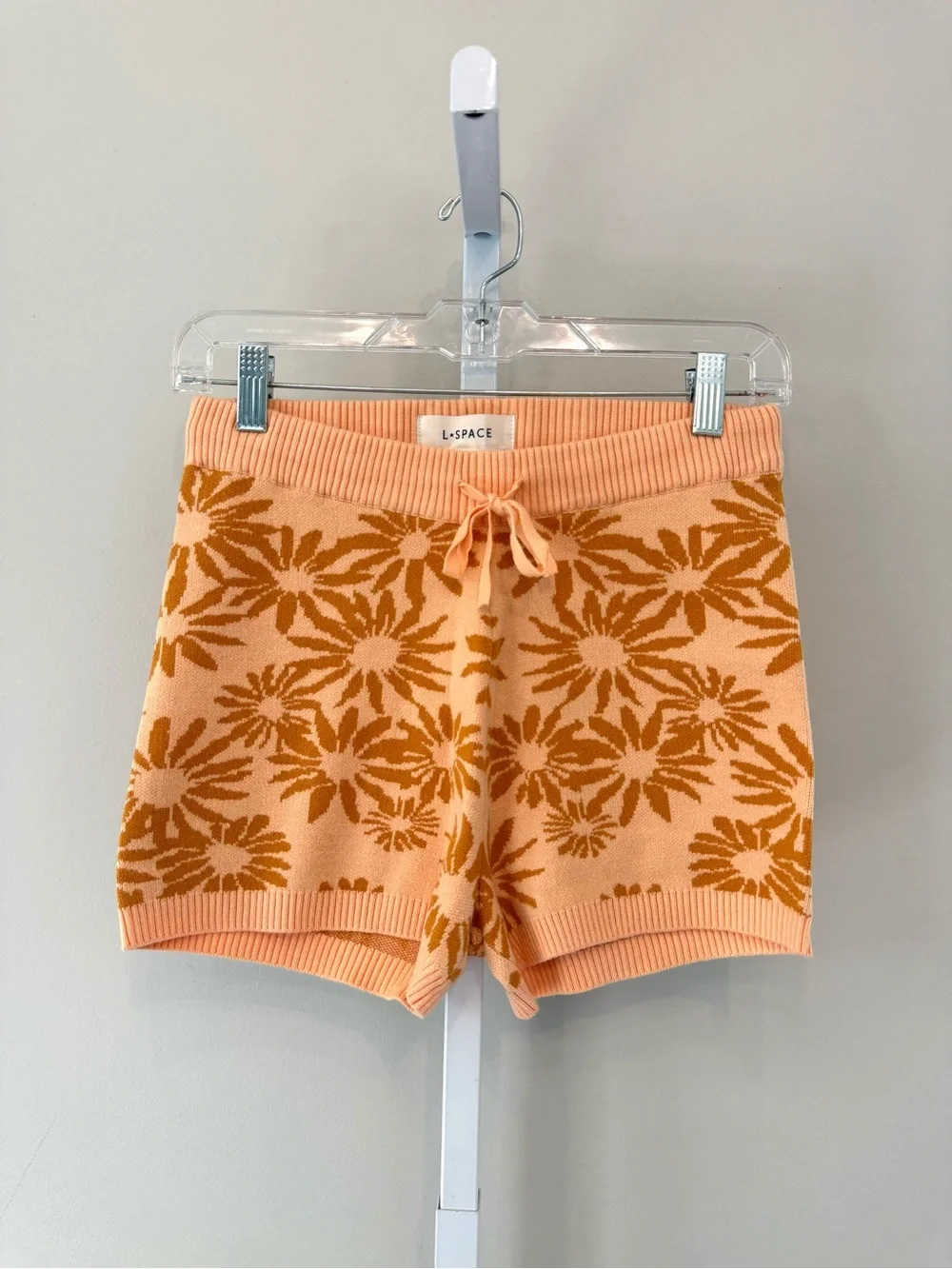 L*Space Plumeria Knit Lounge Shorts Peach Floral Drawstring Size S NWT